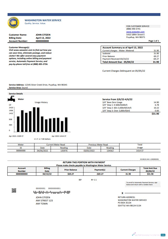download USA Washington Water Service utility bill template in Word and PDF format PDF template